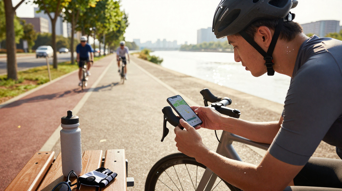 Homem de capacete usando celular ao lado da bicicleta em parque à beira do rio, com ciclistas ao fundo.