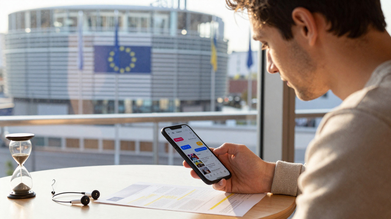 Homem sentado olhando celular com documento, fone e ampulheta na mesa, prédio com bandeira da União Europeia ao fundo.