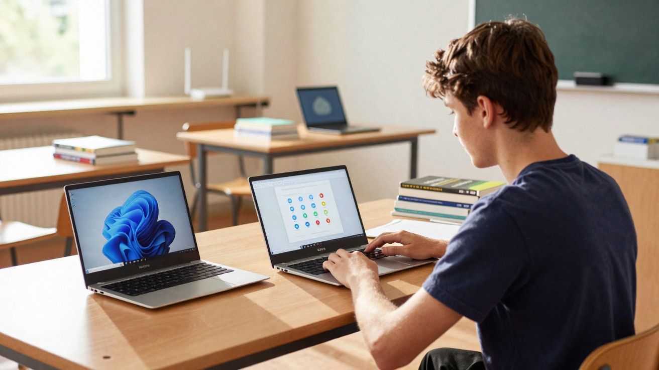 Jovem usando laptop em sala de aula com outro laptop e livros sobre a mesa.