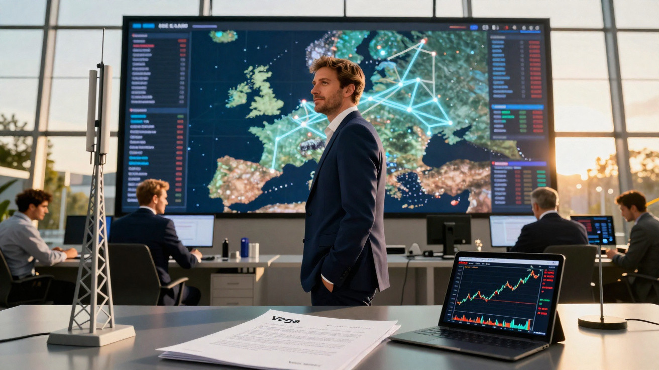 Homem de terno em sala com equipe e tela grande exibindo mapa da Europa e gráficos financeiros.