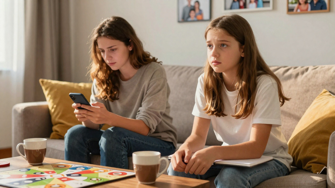 Duas meninas sentadas em sofá com tabuleiro de jogo e canecas na mesa, uma usa celular e a outra parece pensativa.