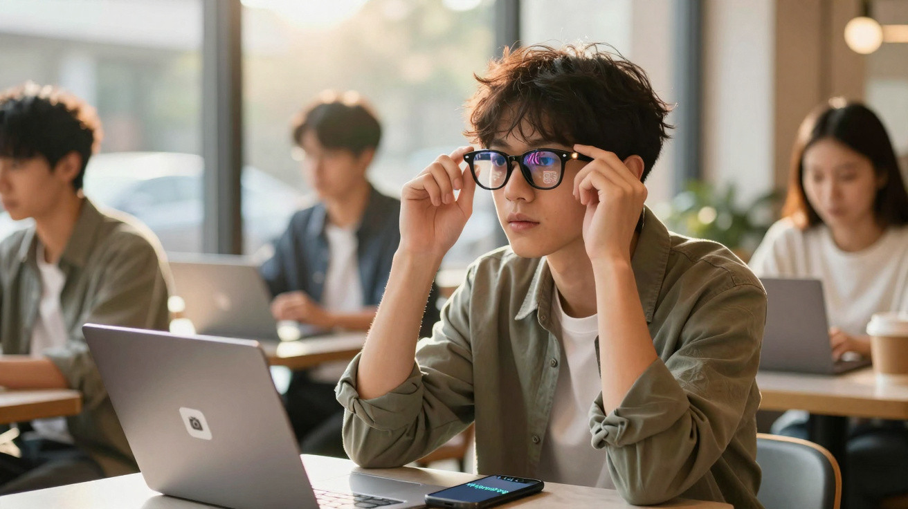 Jovem com óculos ajustando armação enquanto usa laptop em ambiente de estudo com outras pessoas ao fundo.