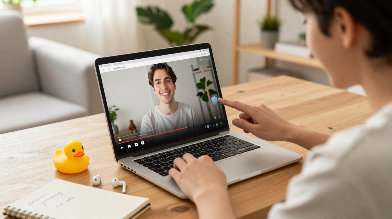 Pessoa assistindo vídeo de homem sorridente em laptop sobre mesa de madeira com bloco de notas e fone earbuds.