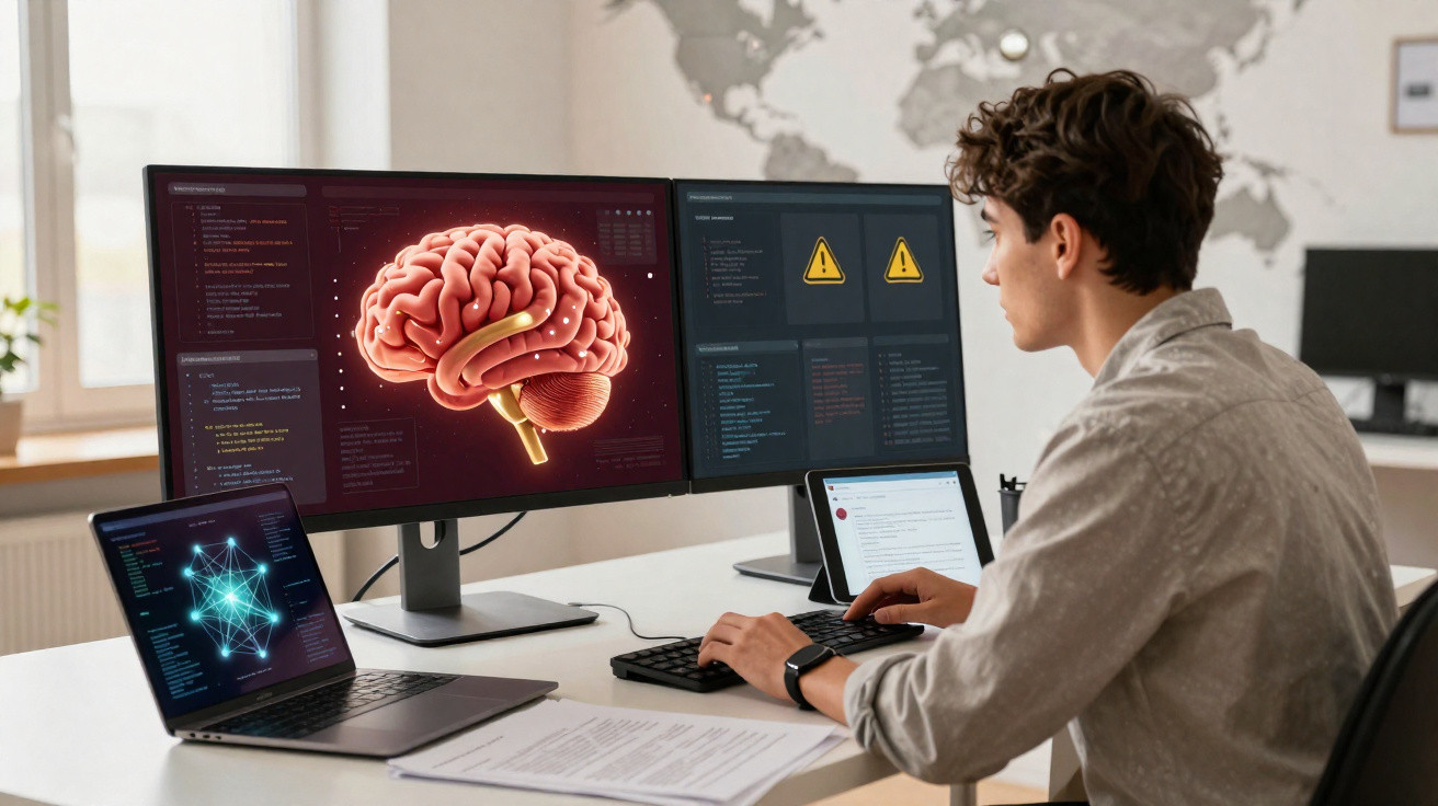 Jovem usando computador com tela exibindo cérebro digital e sinais de alerta em ambiente de escritório moderno.