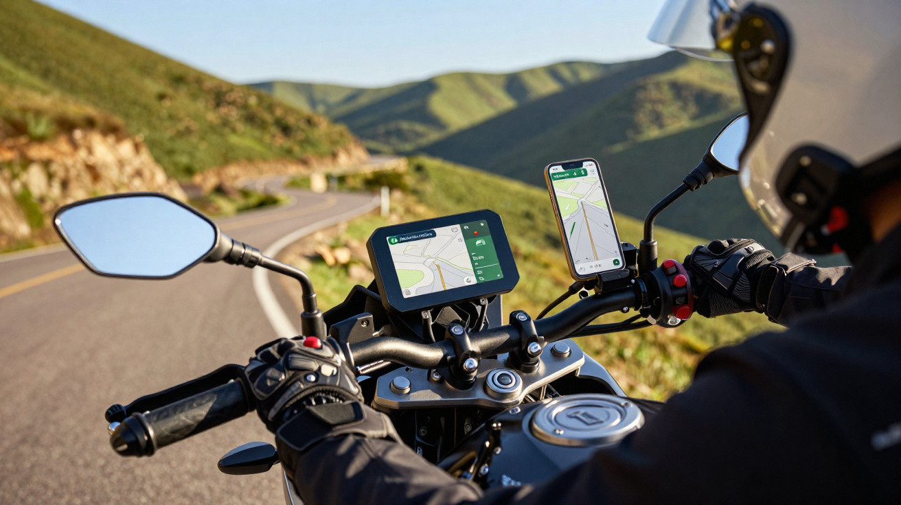 Motociclista com capacete usando GPS e celular com mapa em estrada sinuosa cercada por montanhas verdes.