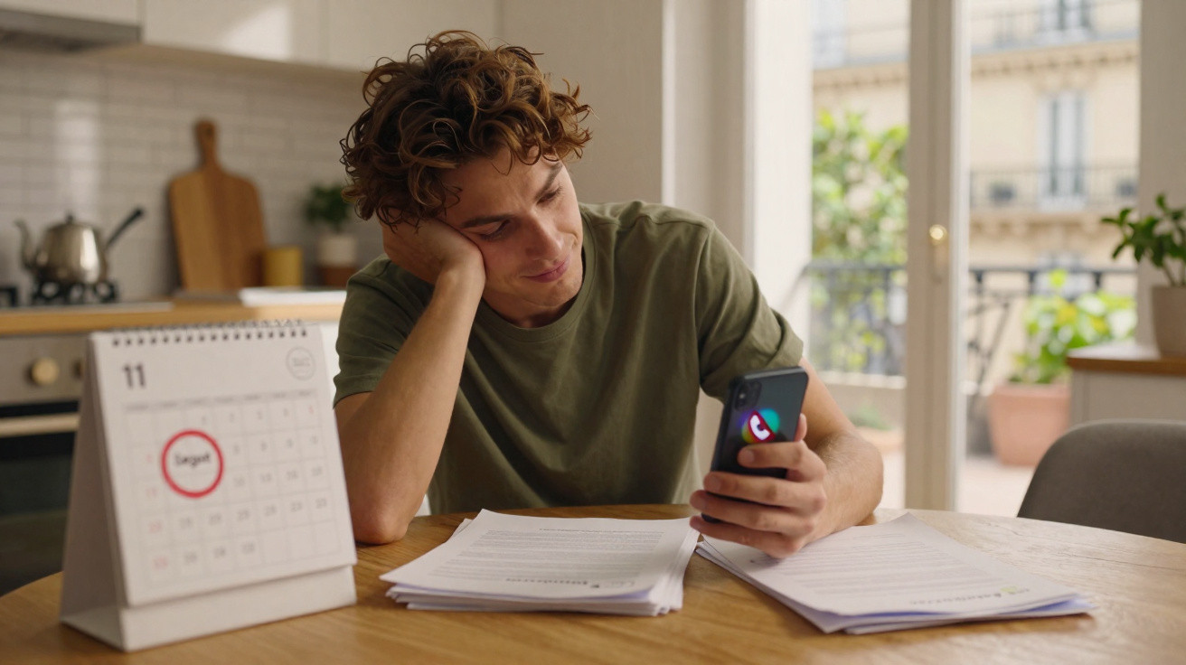 Jovem sentado à mesa, olhando o celular com expressão pensativa, com documentos e calendário ao redor.