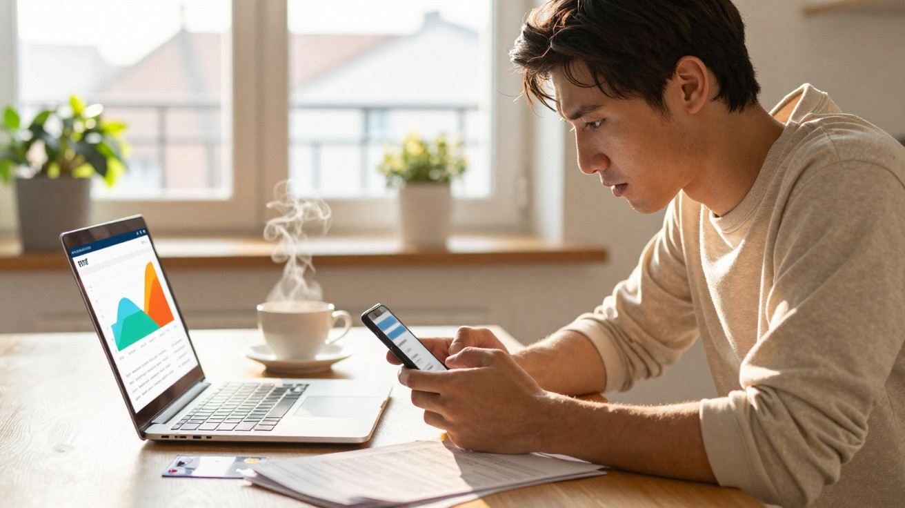 Jovem estudando com notebook, celular e documentos em mesa com janela e plantas ao fundo.