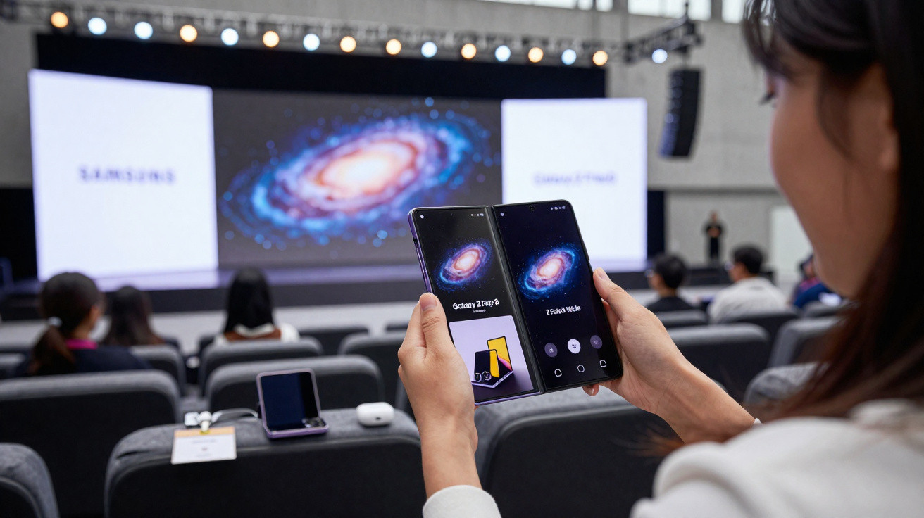 Pessoa segurando smartphone Samsung Galaxy Z Fold aberto em evento, com tela mostrando galáxia e público ao fundo.
