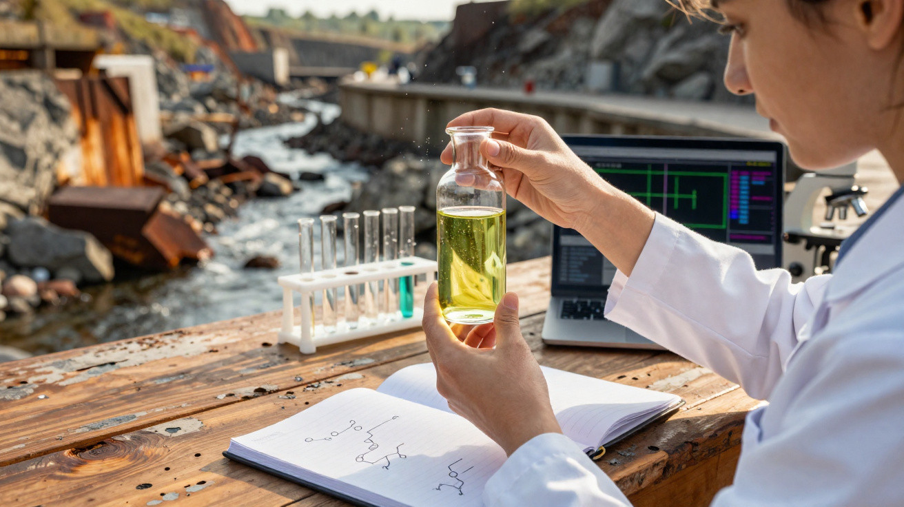 Pesquisadora em jaleco analisando líquido amarelo em frasco ao ar livre próximo a rio e equipamentos de laboratório.
