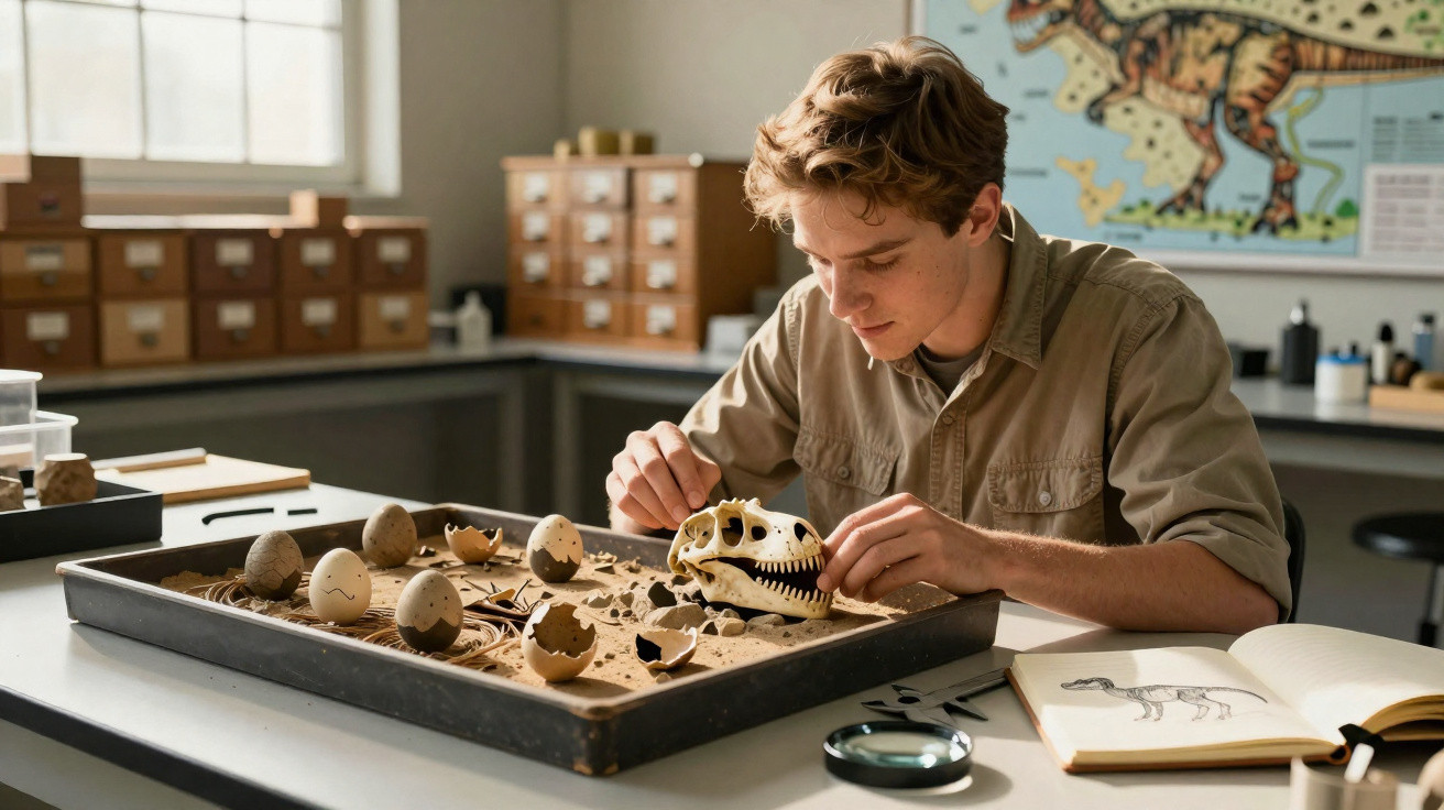 Jovem estudando um fóssil de dinossauro e ovos em uma bandeja de areia em laboratório paleontológico.
