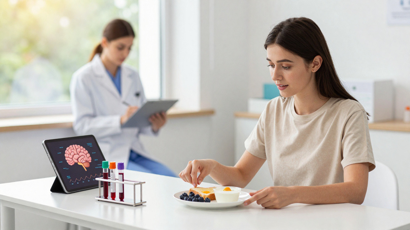 Mulher jovem comendo refeição saudável em consulta médica com profissional ao fundo e exame cerebral no tablet.