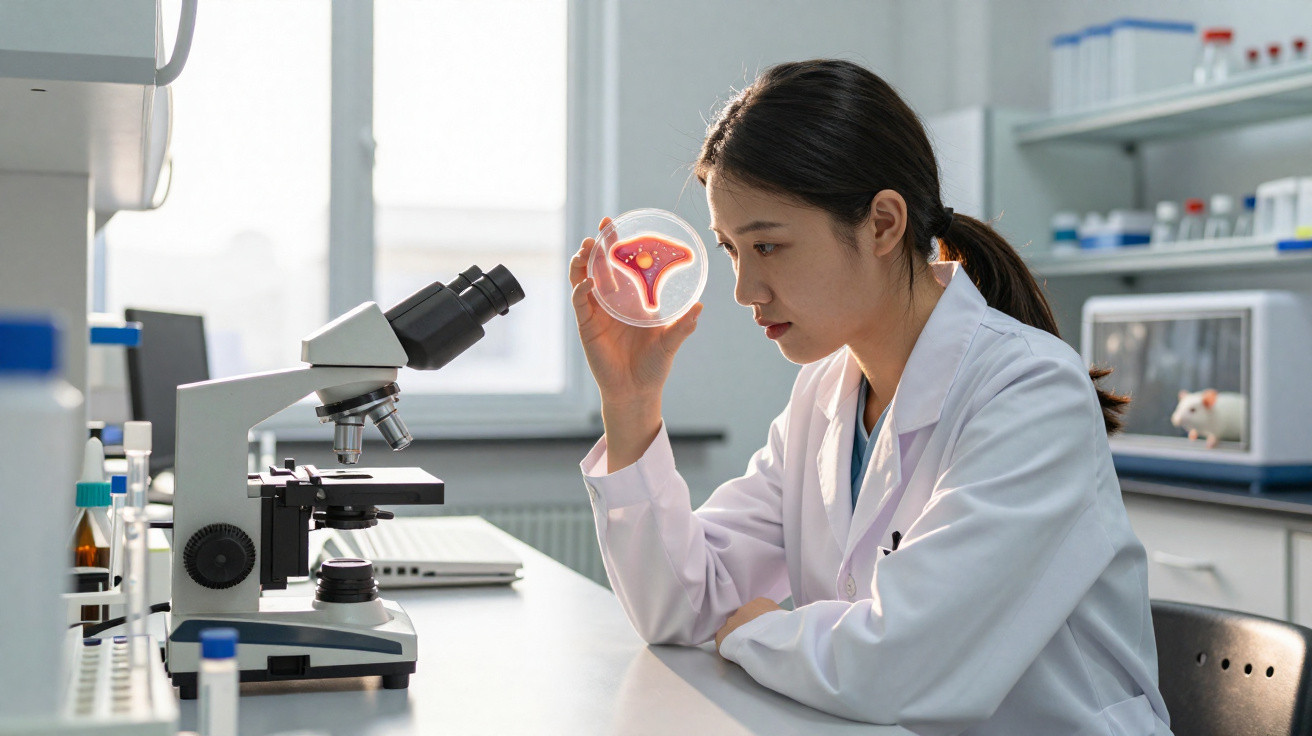 Mulher cientista em laboratório analisando placa de Petri com imagem de útero.