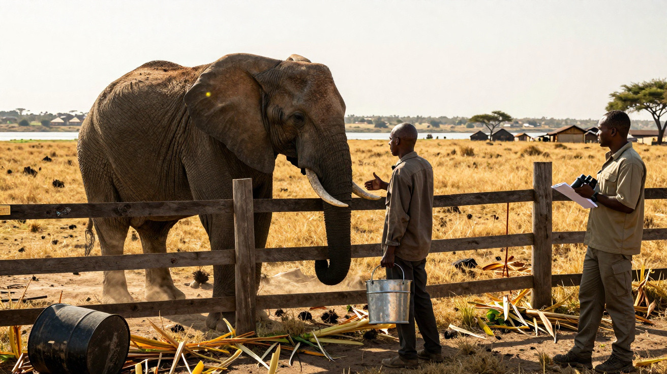 Elefante próximo a cerca de madeira enquanto dois homens interagem em campo aberto.