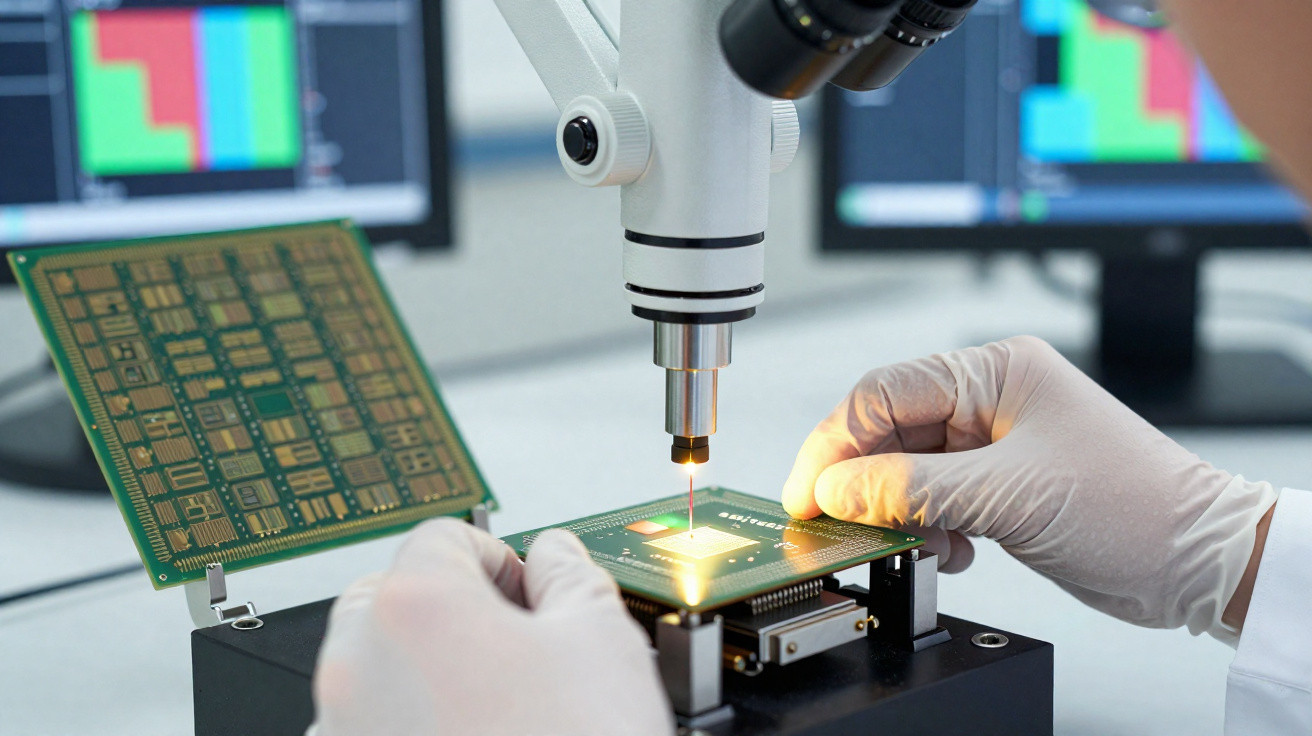 Técnico inspecionando placa de circuito eletrônico sob microscópio em laboratório tecnológico.