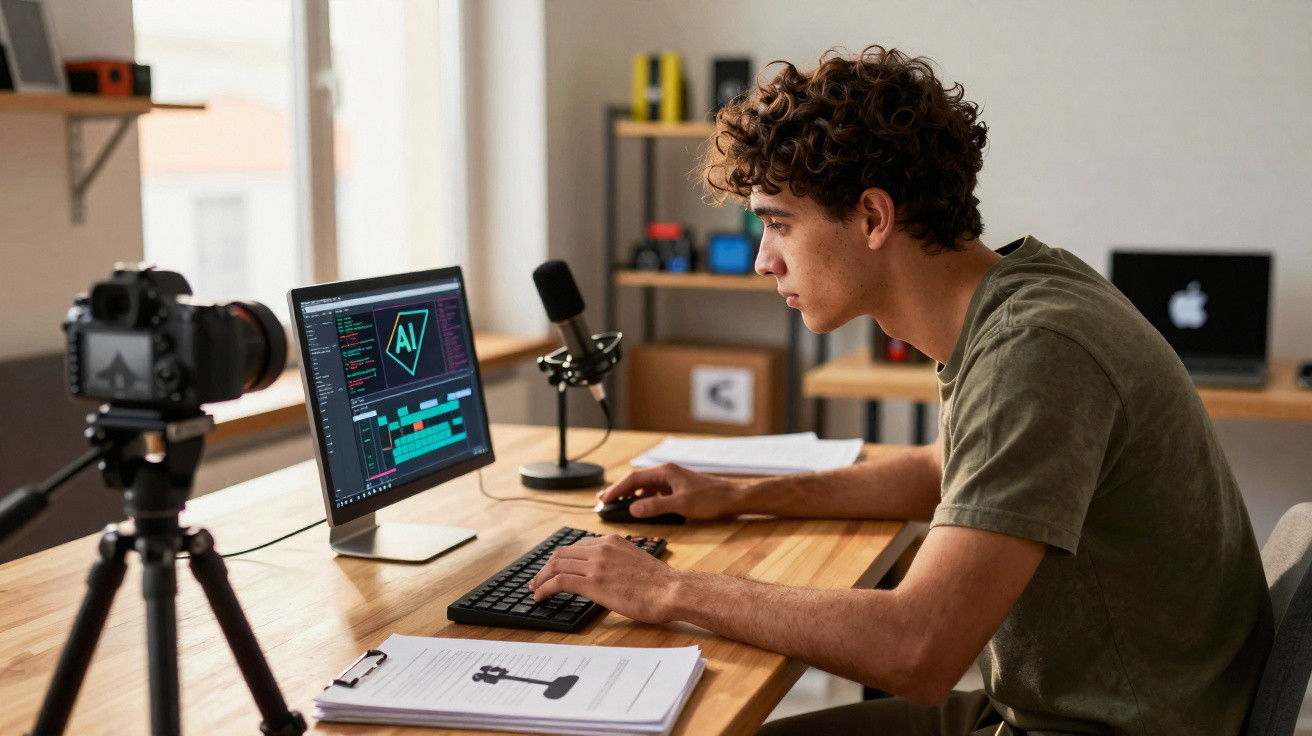 Jovem editando vídeo no computador, com câmera e microfone em mesa de estúdio caseiro.