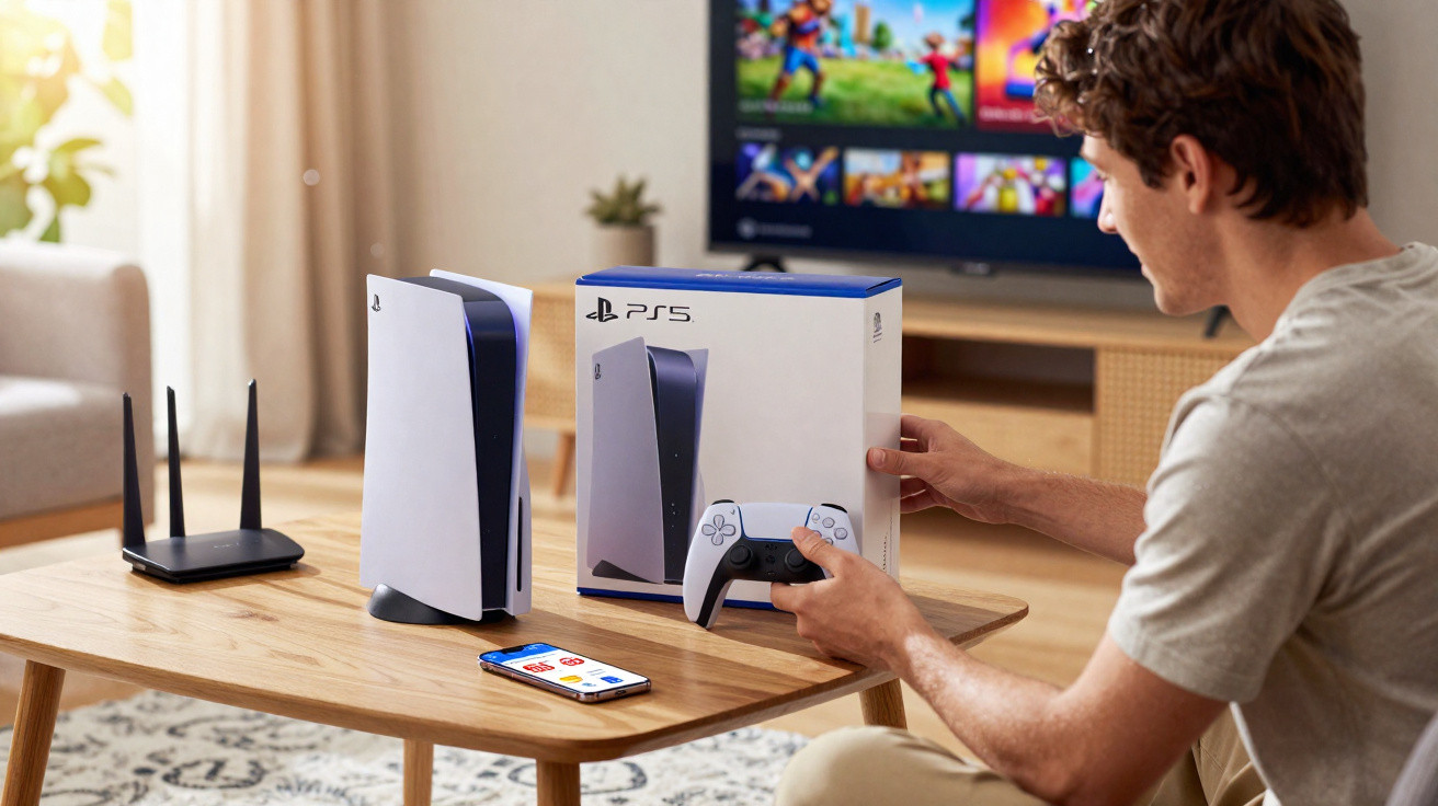 Homem desembrulhando console PS5 ao lado do videogame e controle em mesa de madeira na sala.