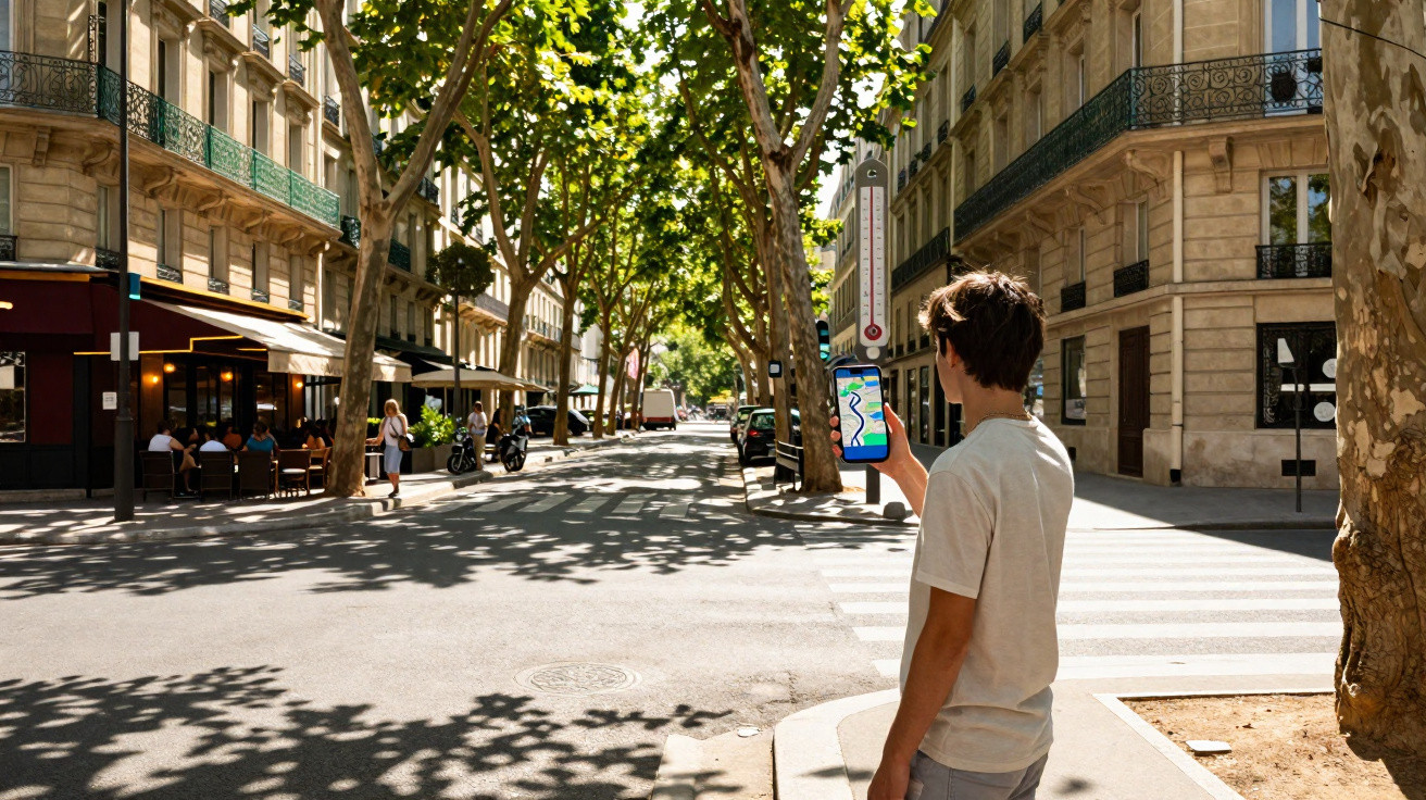 Jovem observa mapa no celular enquanto está parado na calçada de rua arborizada em cidade.