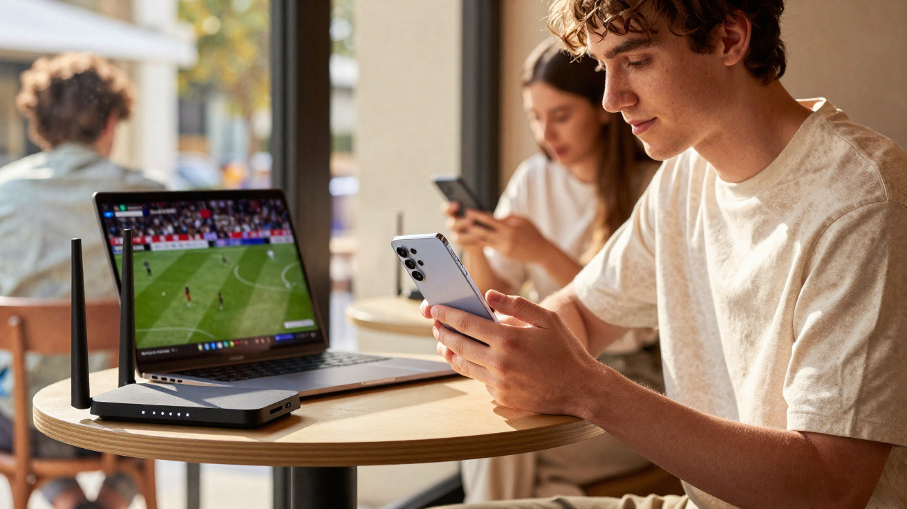 Jovem sentado em cafeteria usando smartphone com laptop mostrando jogo de futebol na mesa.