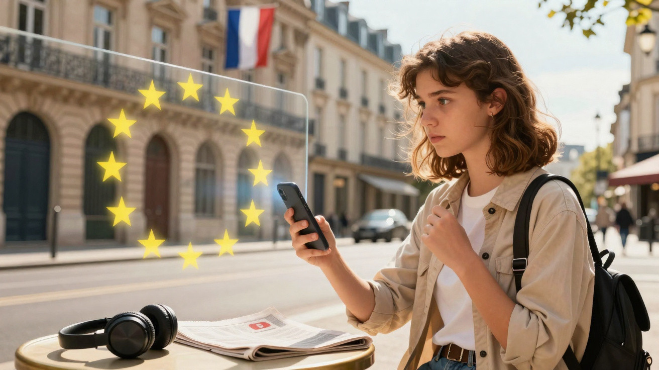 Jovem mulher usa smartphone sentada em café na rua com banda de estrelas da União Europeia flutuando.