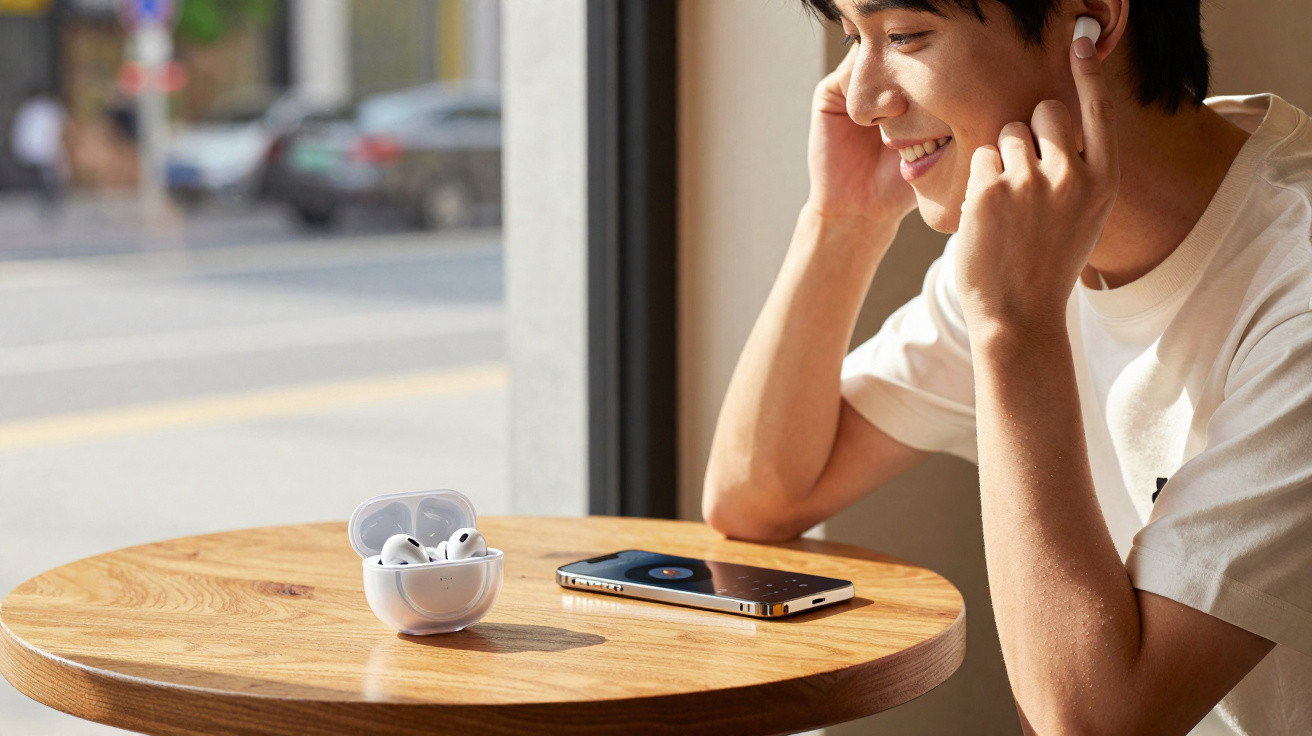 Jovem sorridente ajustando fone de ouvido sem fio enquanto ouve música próximo à mesa com celular e estojo aberto.