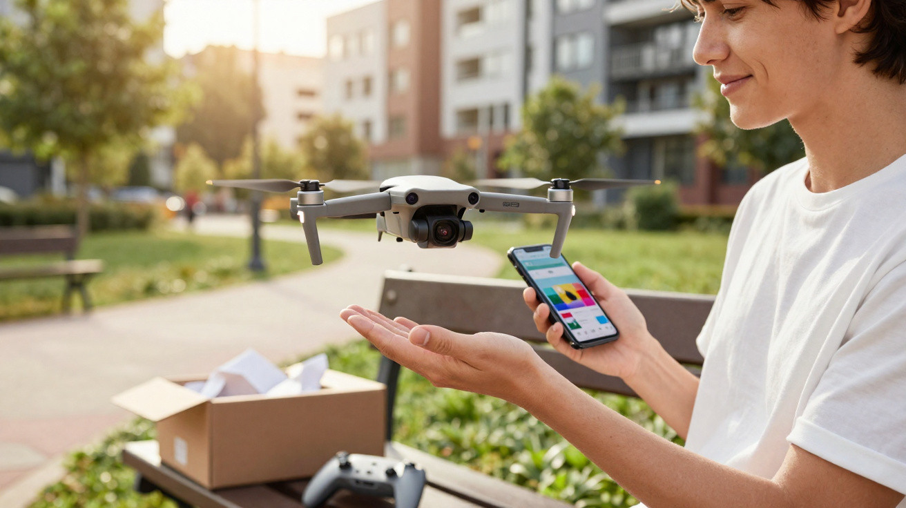 Pessoa controlando um drone cinza com smartphone em parque urbano ensolarado.