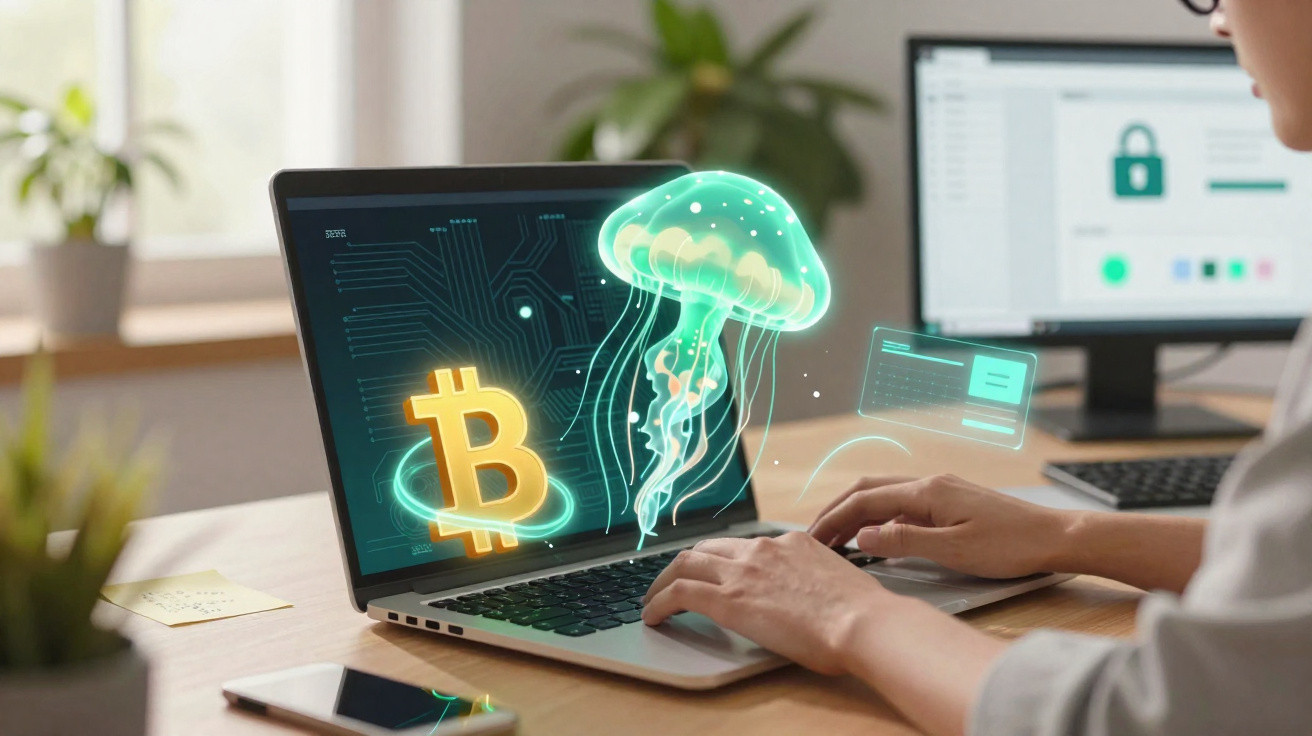 Pessoa usando laptop com hologramas de símbolo Bitcoin, água-viva e cartão digital sobre a mesa.