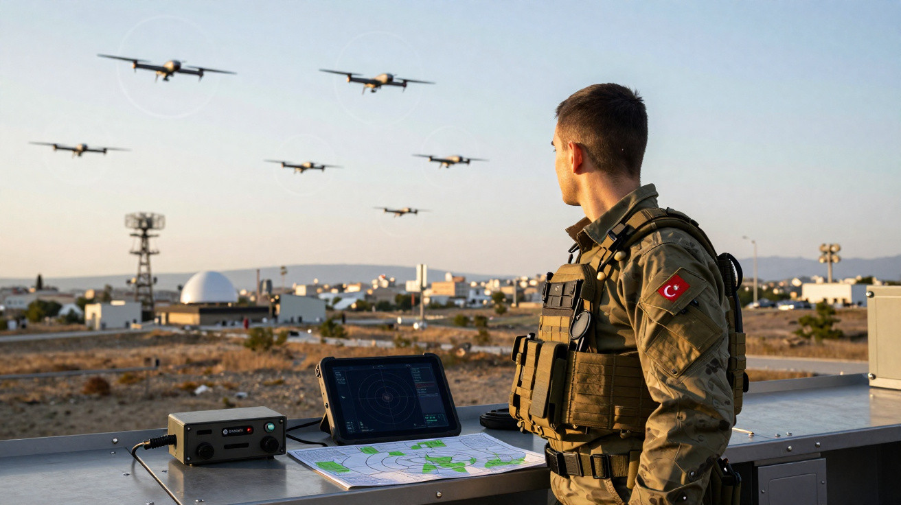 Soldado turco observa drone em formação com equipamento de controle e mapa em mesa ao pôr do sol.