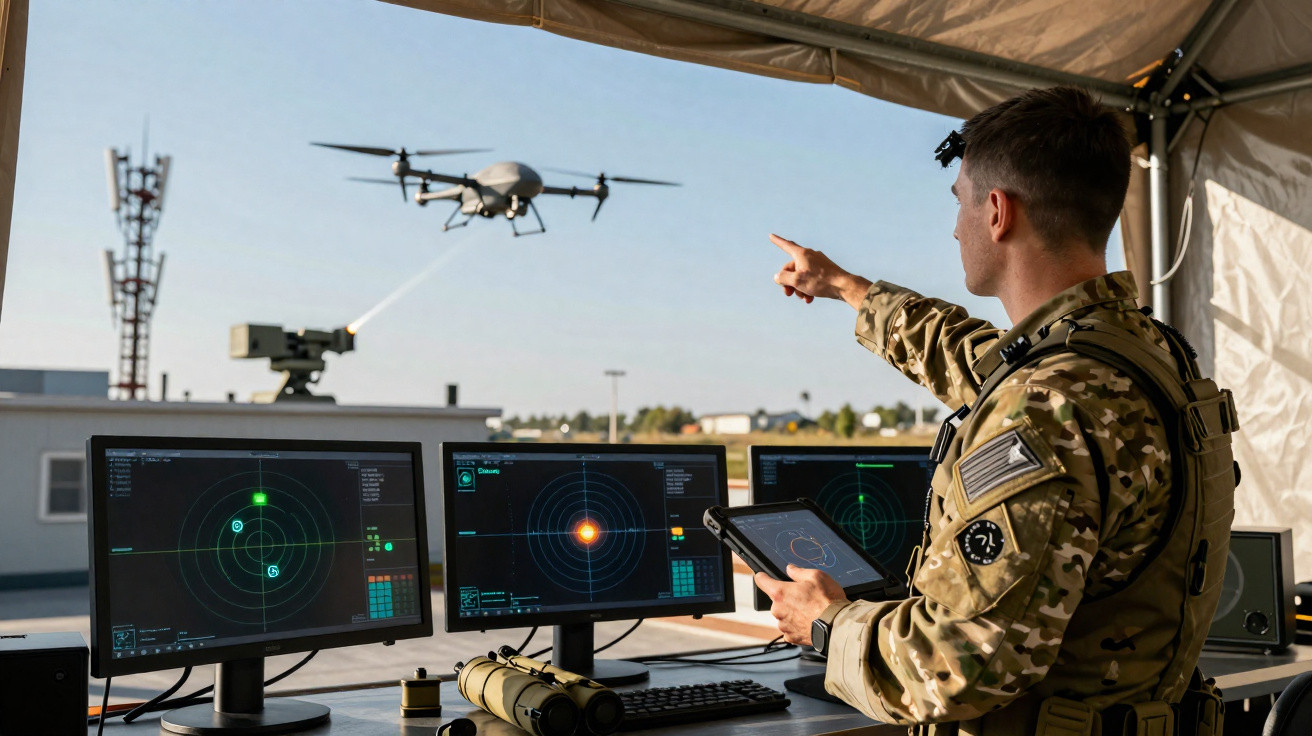 Militar em uniforme controla drone armado com tablet, com telas de radar em posto externo.