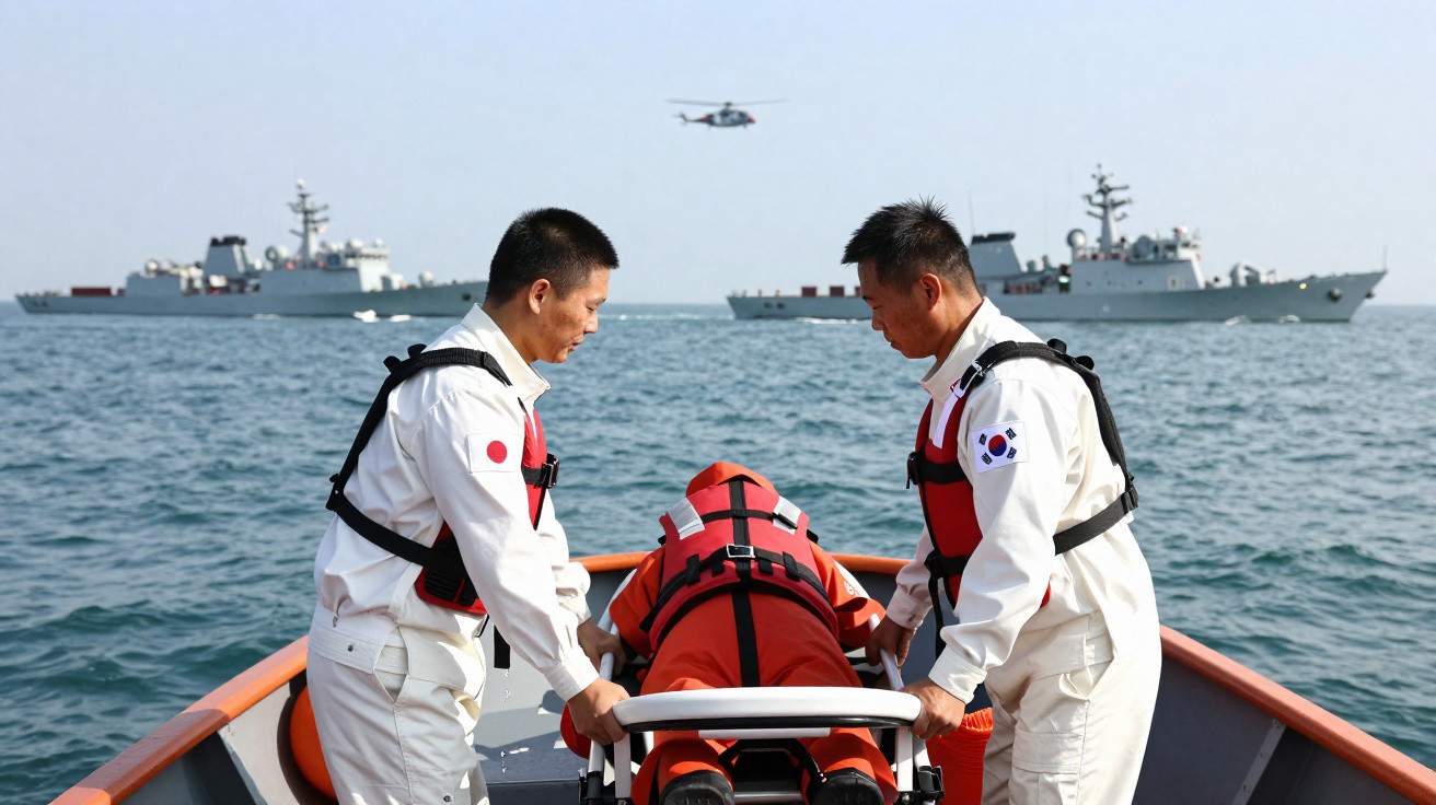 Dois marinheiros com uniformes branco seguram maca com pessoa vestida de laranja em barco, com navios militares e helicóptero