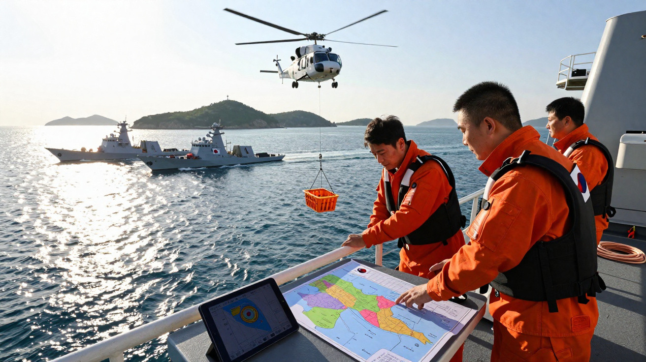 Tripulantes em uniforme laranja analisam mapa em navio com helicóptero e dois navios ao fundo no mar.
