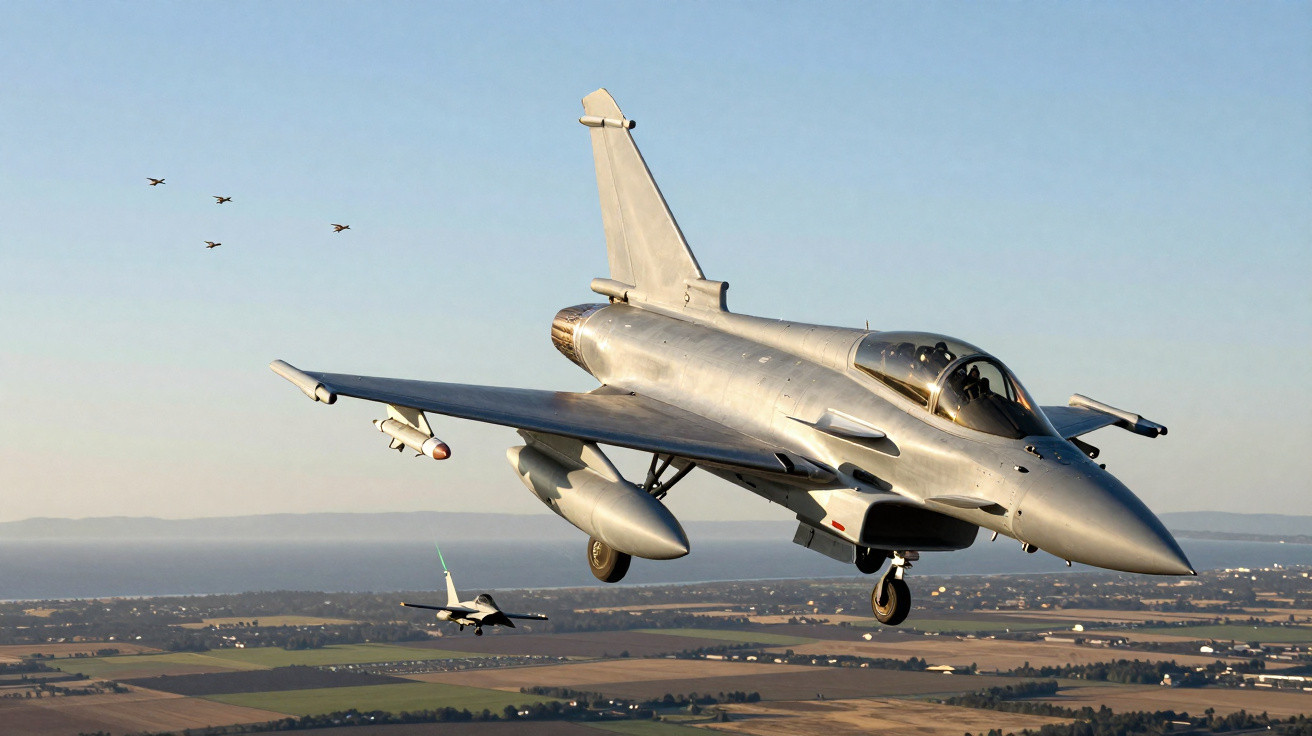 Caça militar cinza voando baixo sobre área rural com outros aviões ao fundo em formação.