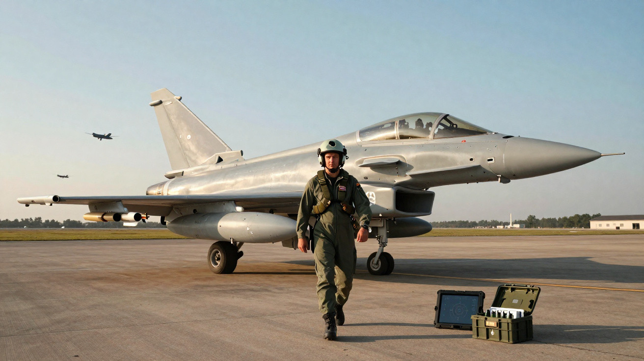 Piloto militar caminha em pista ao lado de caça Eurofighter Typhoon estacionado sob céu claro.