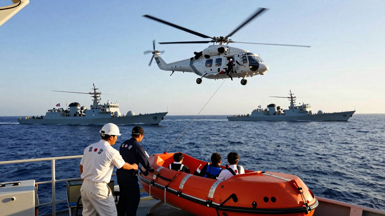 Helicóptero realizando operação de resgate sobre barco com pessoas, navios militares ao fundo no mar.