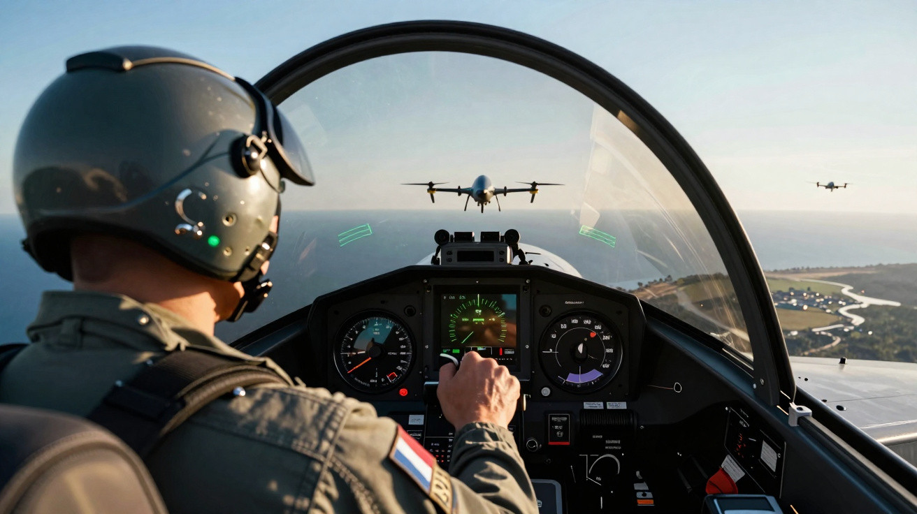 Piloto militar controla drone em voo, com painel de instrumentos e vista aérea ao fundo.
