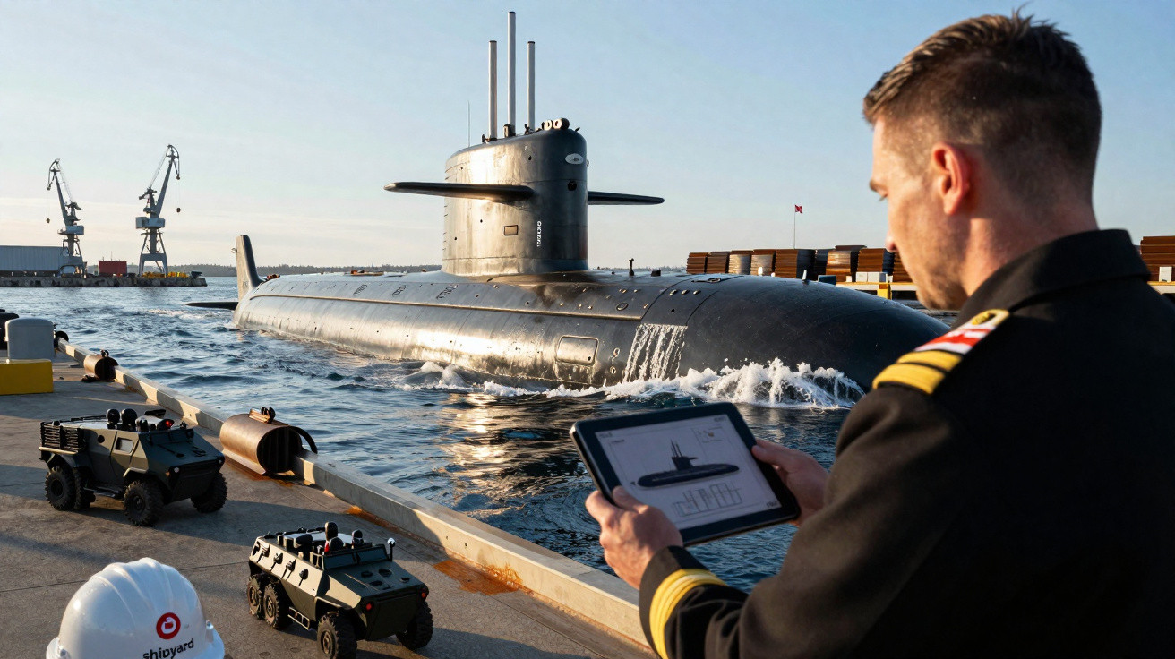 Marinheiro com tablet controla mini veículos militares na doca com submarino e guindastes ao fundo.
