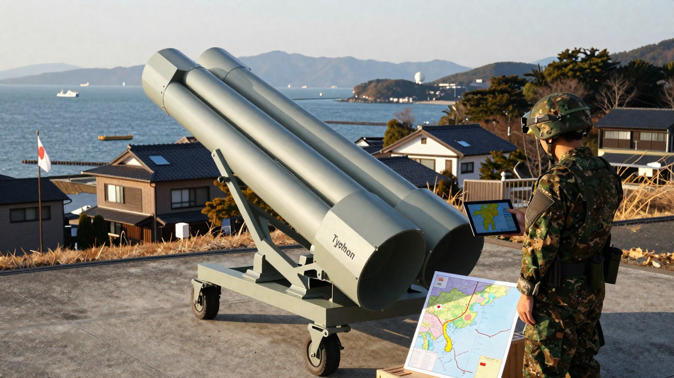 Soldado japonês em uniforme camuflado operando equipamento militar Typhoon perto do mar e casas à beira-mar.