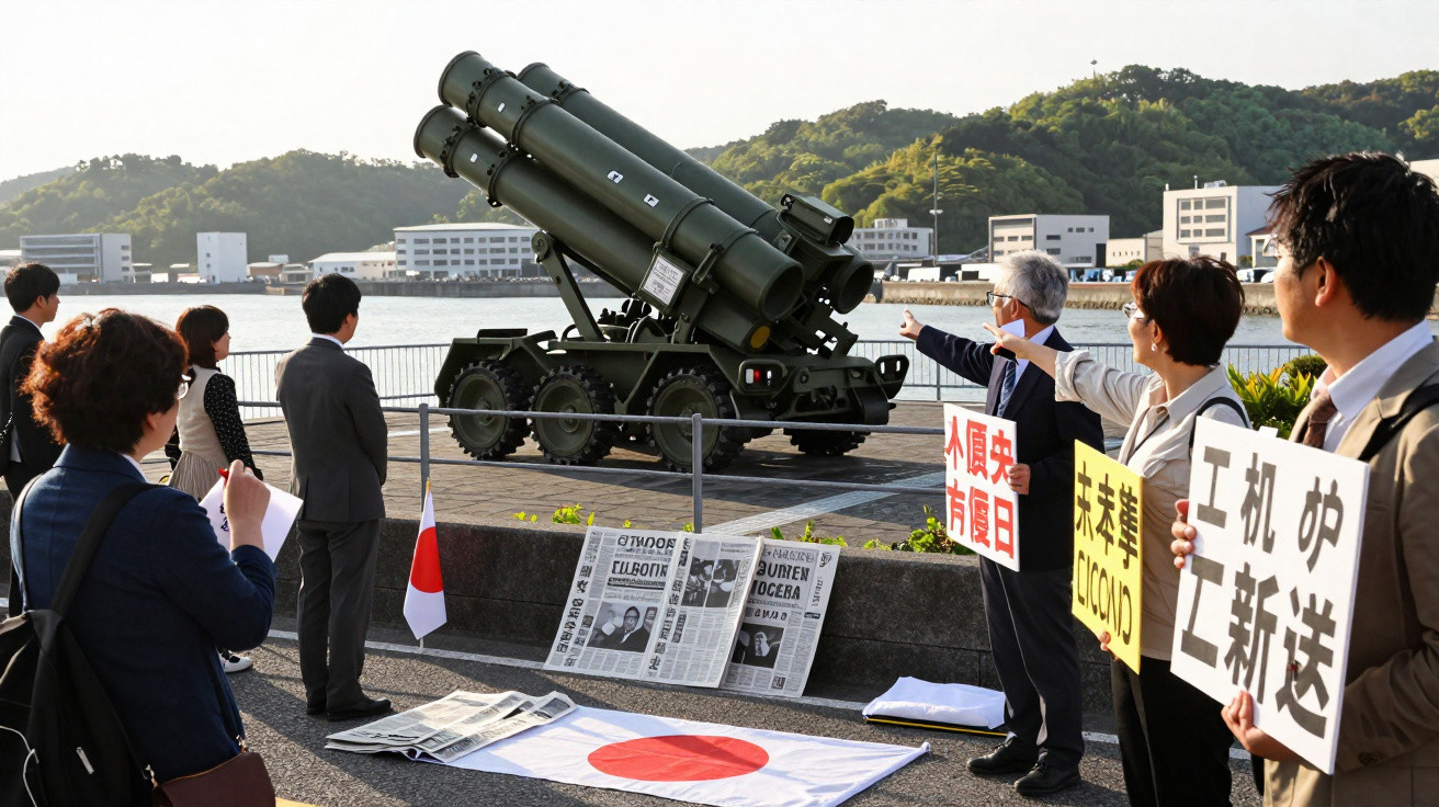 Pessoas com cartazes protestam em frente a veículo militar com canhões em área portuária no Japão.