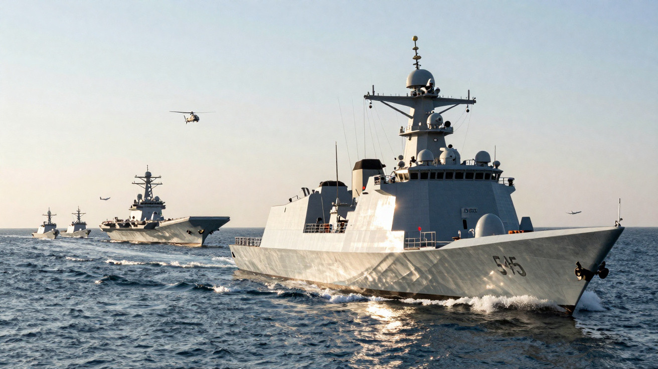Formação de navios militares navegando no mar com helicópteros no céu ao fundo.