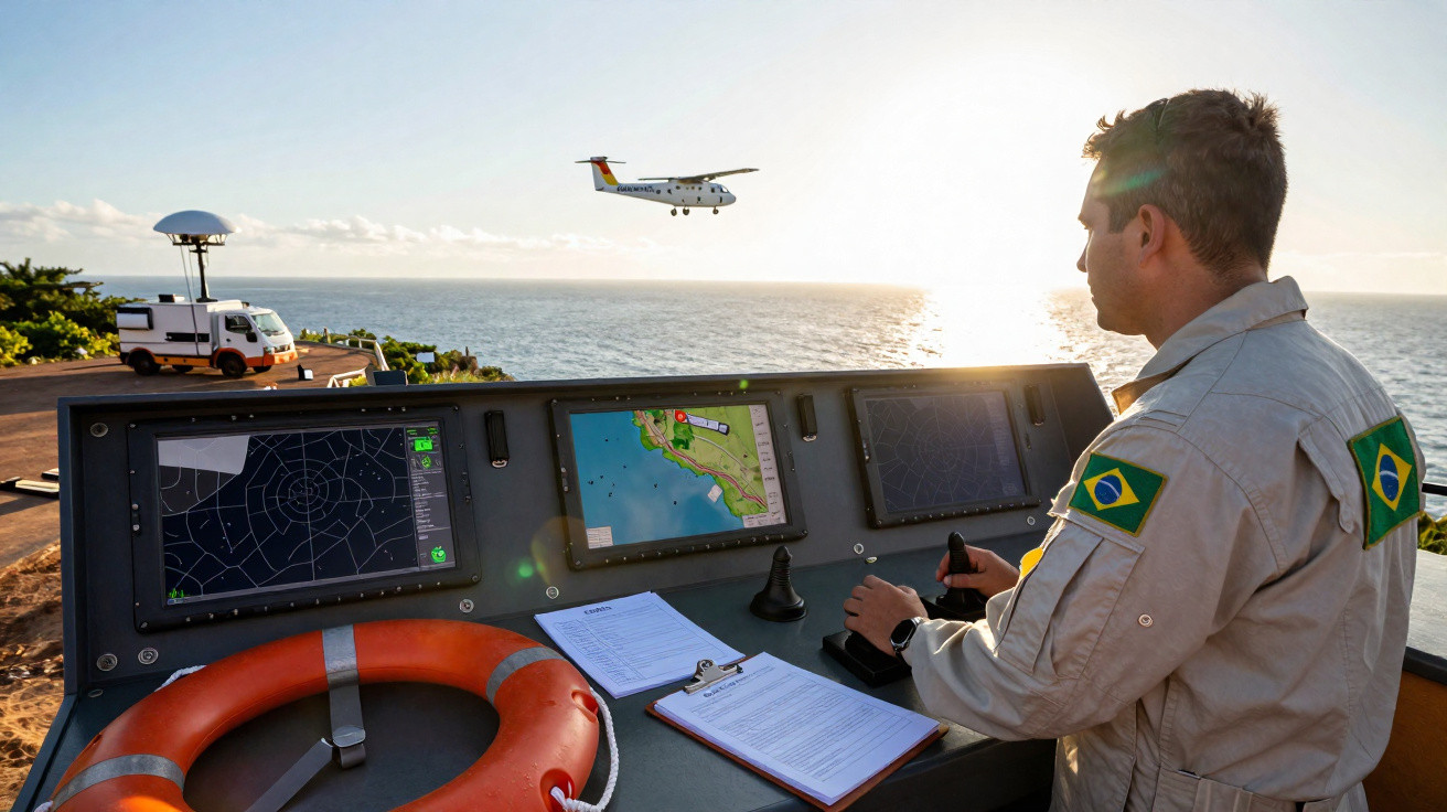 Homem com uniforme da Marinha do Brasil operando controle com avião sobrevoando litoral ao pôr do sol.