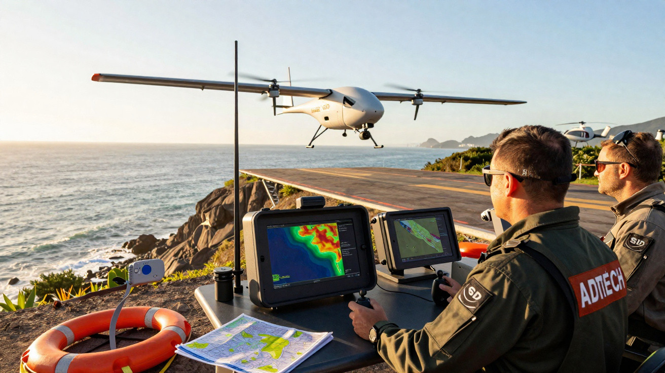 Dois operadores controlam drone militar próximo ao oceano em local rochoso com equipamentos de monitoramento.