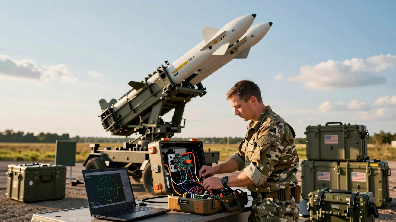 Soldado operando equipamento eletrônico perto de um lançador de mísseis ao ar livre em dia claro.
