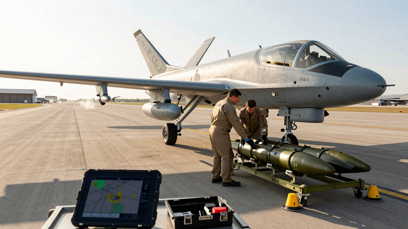 Avião militar estacionado com dois soldados preparando bombas no solo em pista de aeroporto.