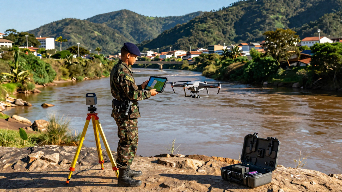 Militar opera drone com tablet em área de rio cercada por montanhas e casas ao fundo.