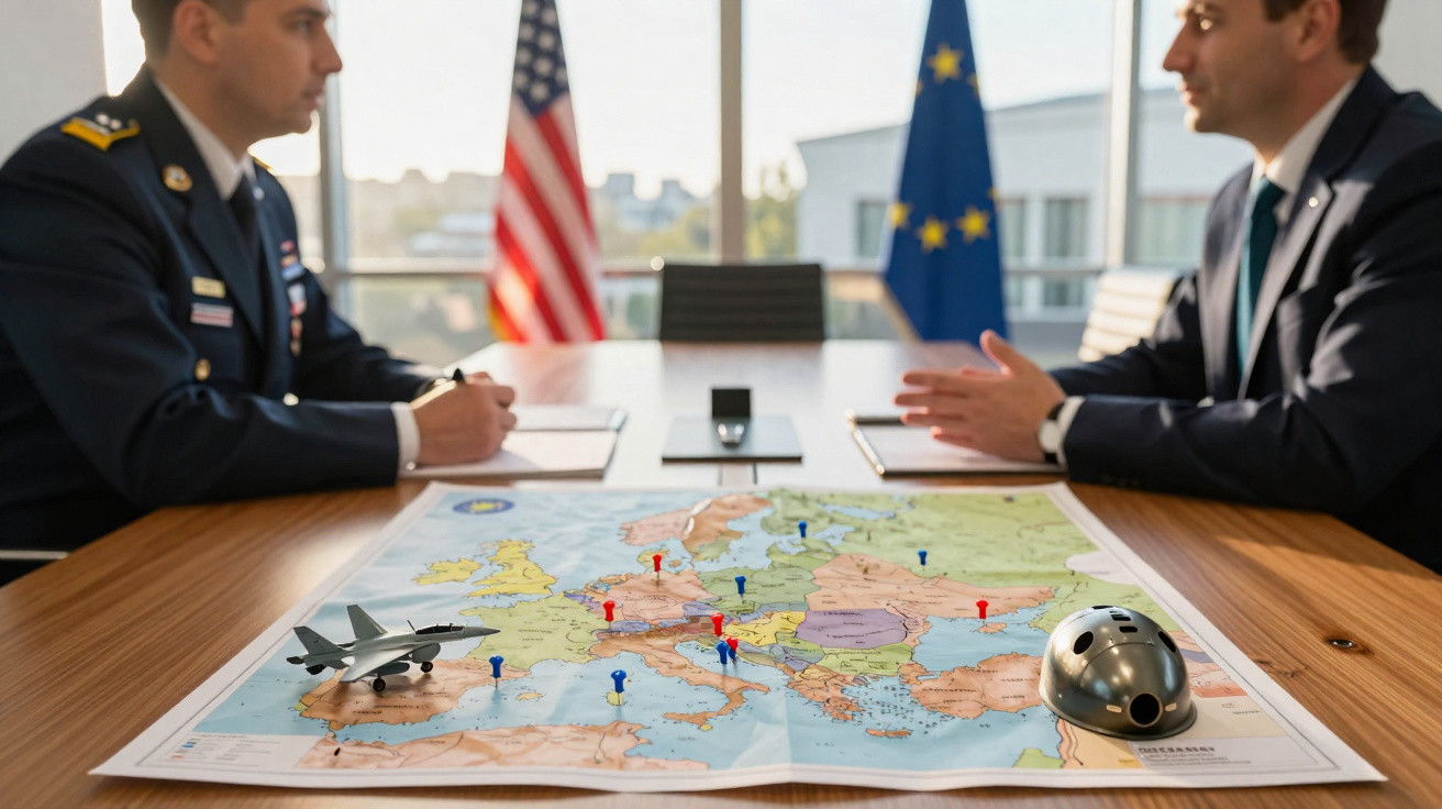 Dois homens discutem plano estratégico com mapa da Europa, jato e capacete militar na mesa, e bandeiras ao fundo.