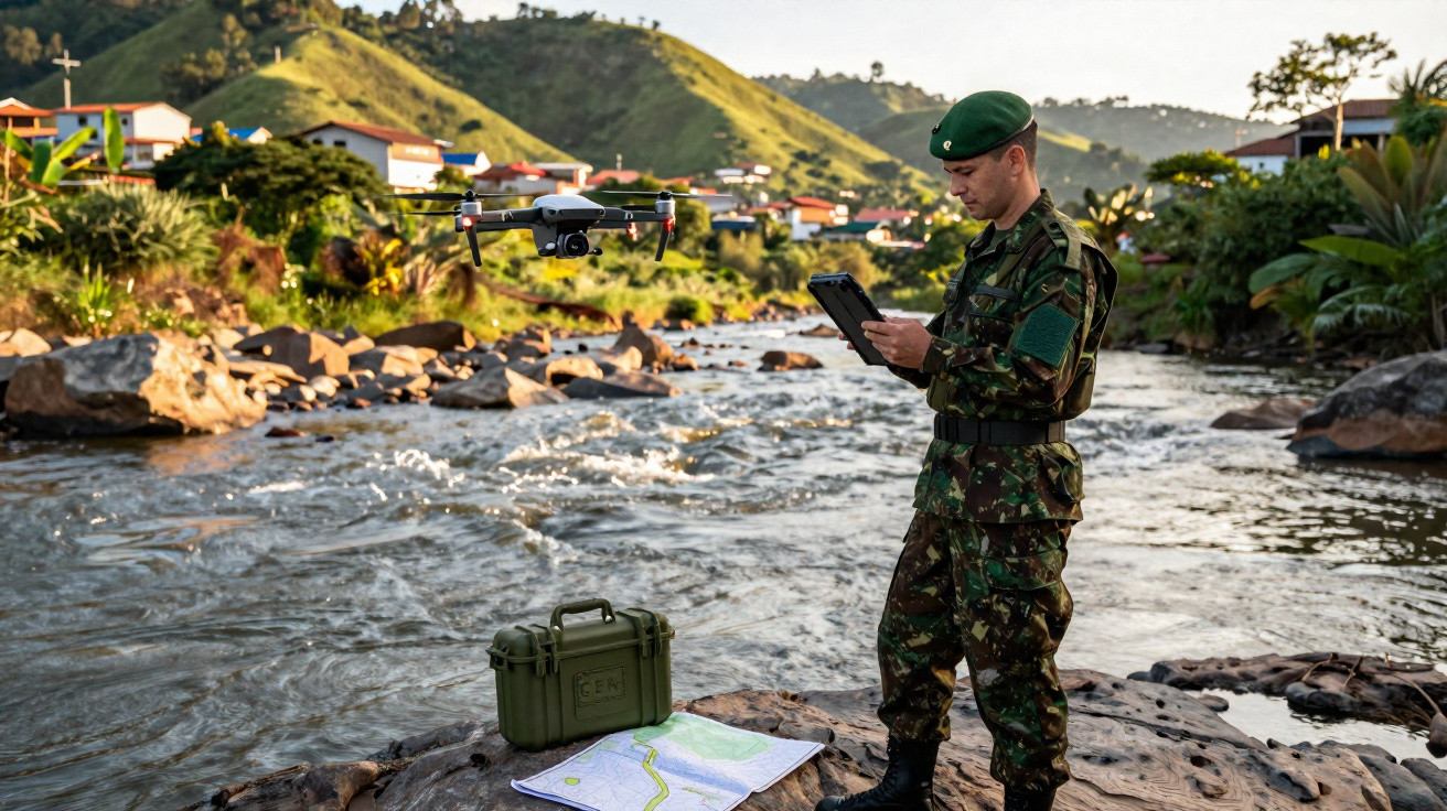 Soldado em uniforme camuflado controla drone com tablet próximo a rio e mapa aberto sobre pedra.