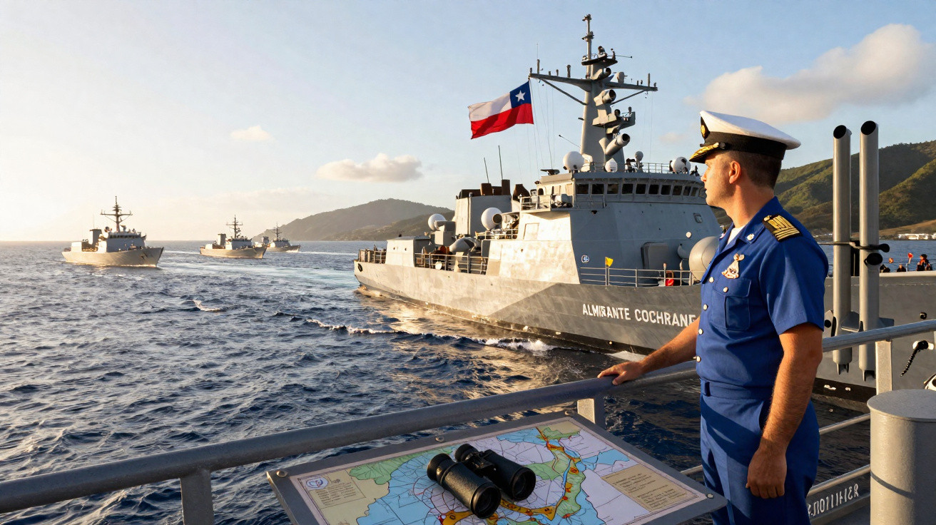 Oficial da marinha observa navios militares chilenos no mar ao entardecer, com binóculos e mapa na frente.