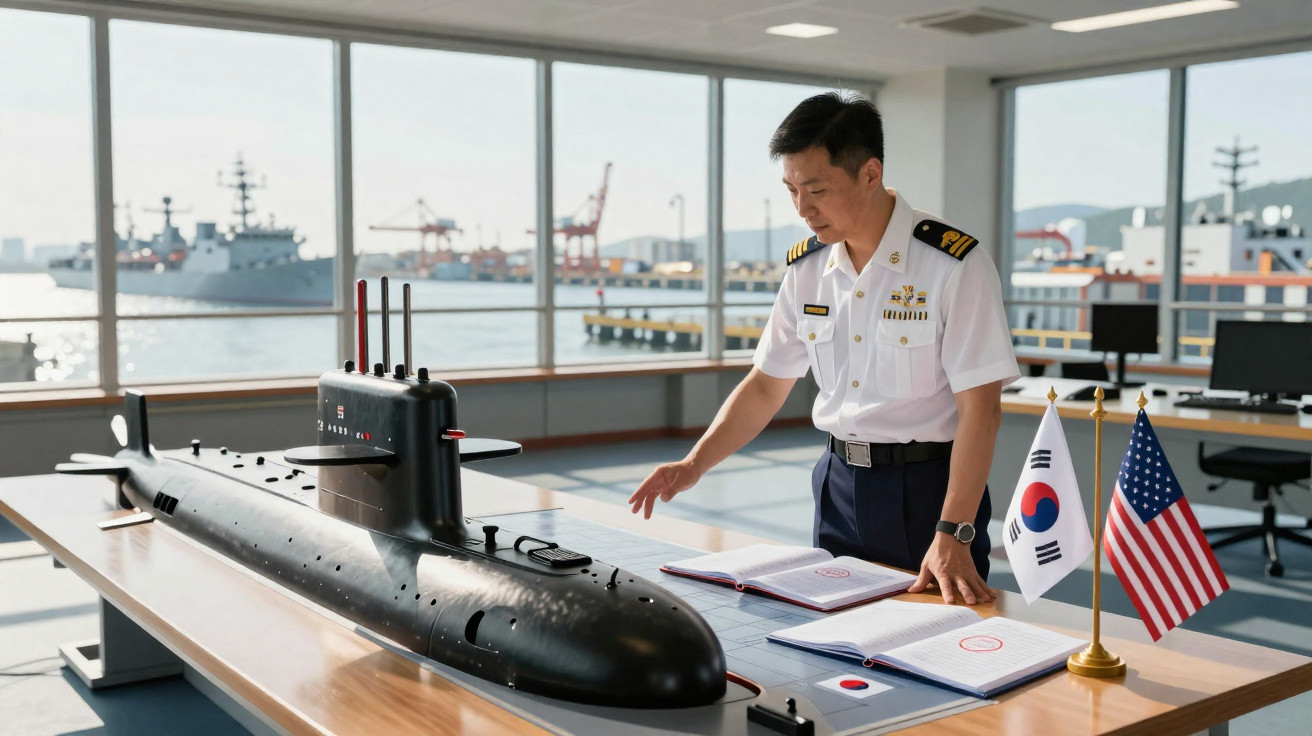 Militar sul-coreano analisando modelo detalhado de submarino em sala com vista para o porto.