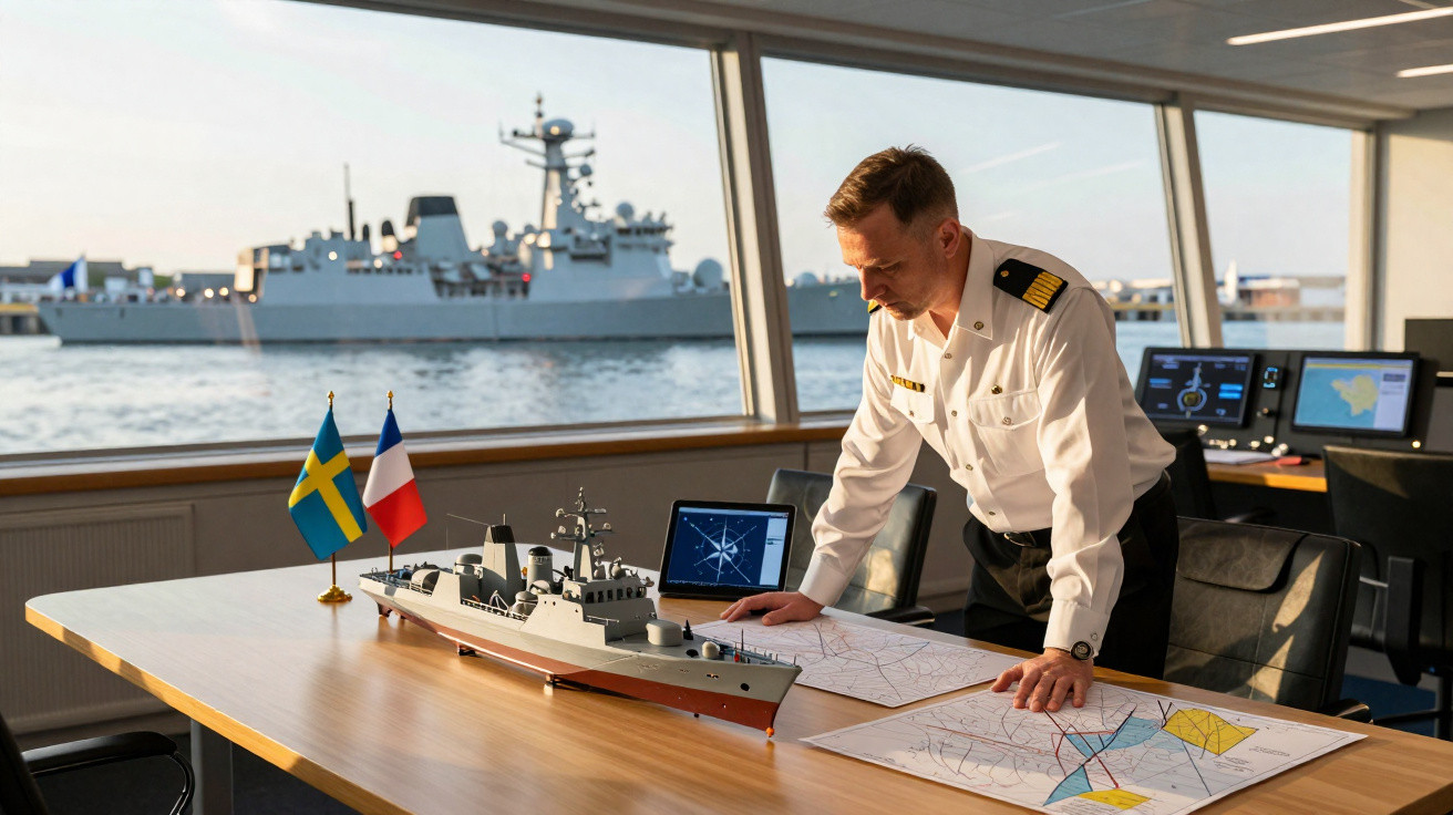 Oficial naval analisando mapas de navegação com maquete de navio e navio real ao fundo visível pela janela.