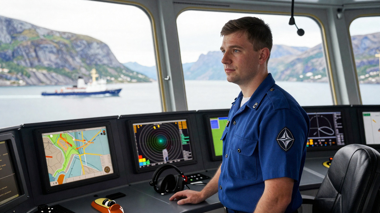 Homem em uniforme azul monitora equipamentos de navegação em ponte de comando de navio com vista para o mar.