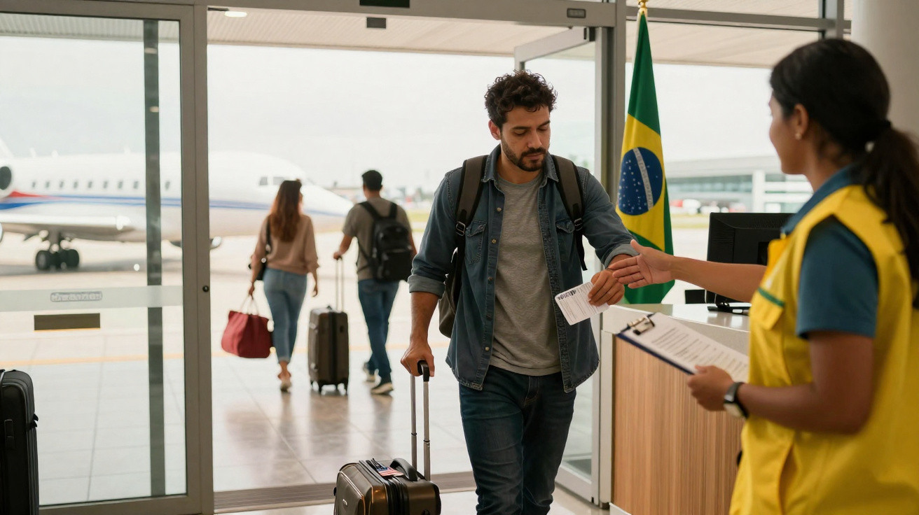 Homem entregando documentos para funcionária em aeroporto com bandeira do Brasil e avião ao fundo.
